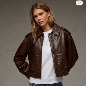 American Eagle AE Faux Leather Bomber Jacket Coat Cropped Brown Women’s Crop XS